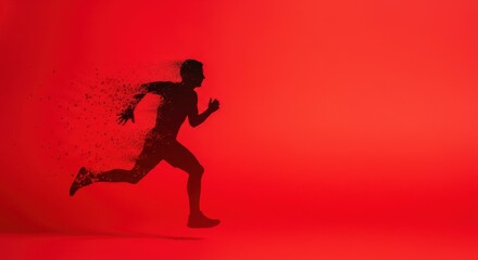 Silhouette of man running against red background, dispersing effect