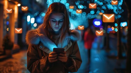 "Email Notification Alert Concept: Woman Using Smartphone to Receive Important Messages, Representing Digital Communication, Instant Notifications, and Modern Technology in Daily Life"

