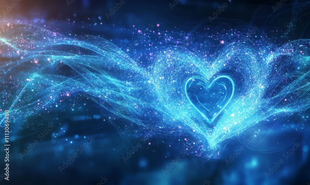 Poster blue light waves motion pattern and an electromagnetic spectrum diagram with heart-shaped symbols