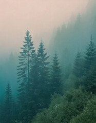 Foggy Hillside with Outlines of Evergreens AI