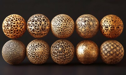 An ornate collection of golden spheres, each intricately designed, symbolizing unity and complexity .