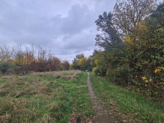 Sicht auf ein grünes Areal, mit atmosphärischem Himmel, in Berlin Hellersdorf - Marzahn