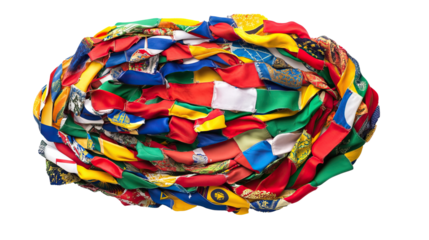 This is a vibrant and colorful collection of various national flags beautifully arranged in a dynamic spiral formation