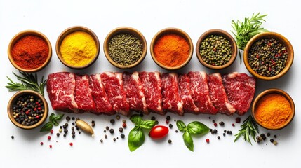 A vibrant arrangement of spices and raw meat, ready for cooking or culinary presentation.