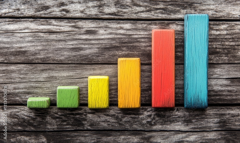 Poster business performance is visualized on a wooden surface using colorful bar charts showing steady grow