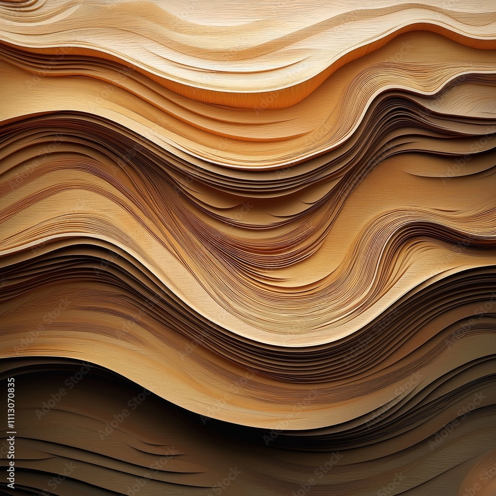 Poster abstract wood carving layers create dynamic wavy pattern. layered wood grain design creates visual t