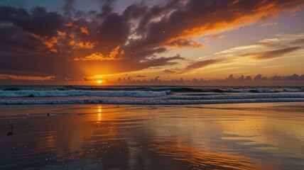 Obraz premium Dramatic sunset over the ocean beach with colorful clouds reflecting on the water.