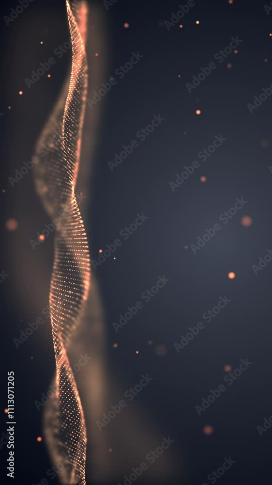 Poster abstract digital golden color wave with flowing small particles dance motion on wave and light abstr