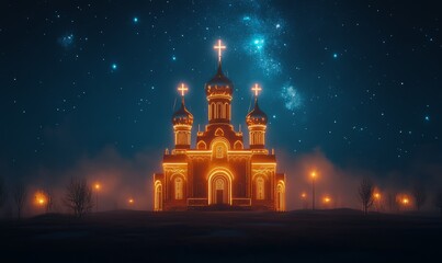 Fototapeta premium An illuminated church stands majestically under a star-filled night sky, its architecture highlighted by warm lights, creating a serene and mystical atmosphere