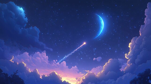 A crescent moon shines brightly in a starlit night sky above fluffy clouds