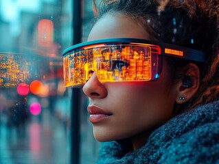 A woman wearing futuristic eyewear with digital interfaces is seen contemplating off to the side, possibly in a vehicle or booth The blurred background suggests an urban street scene at night The e