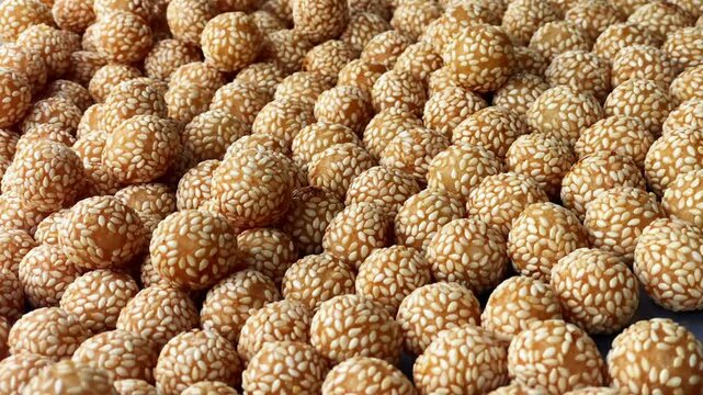close up of traditional snack Onde-onde, Indonesian cuisine