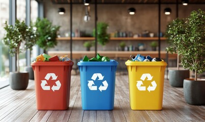 Four colorful recycling bins in a modern office space promote eco-friendly waste management and sustainability.