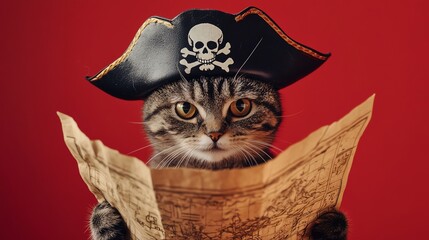 A tabby cat dressed as a pirate with a skull and crossbones hat stares intently at a map in his paws.