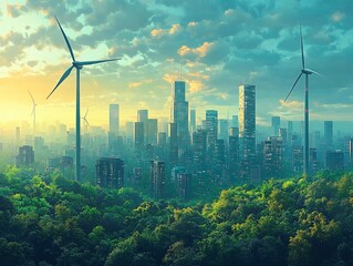 A futuristic, sustainable cityscape featuring tall, modern buildings and abundant greenery, with renewable energy sources like wind turbines integrated into the skyline The scene exudes harmony betw