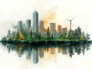 Obraz premium Artistic digital illustration of a city skyline with high-rise buildings, central tall structure, wind turbine, bay or harbor setting, calm water reflection, no people or moving objects, greyscale co