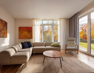 Fototapeta premium Linda, e iluminada sala de estar com cores neutras e quadros decorativos inspirados no outono e grandes janelas