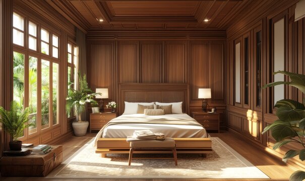 Furniture-centric wood bedroom interior, thoughtfully designed.