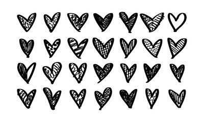 Twenty eight hand drawn hearts with various textured filling. Doodles and squiggles. Vector set