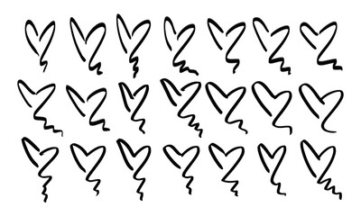Twenty one hand drawn hearts with tail. Doodles and squiggles. Vector set
