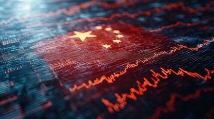 Chinese Flag Overlay on Financial Data Graphs