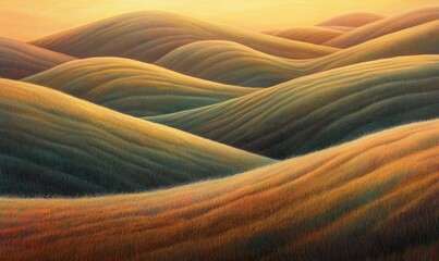 Close-up of rolling hills at sunrise, focusing on the texture and color variations in the grass as the first light of the day hits the hills.