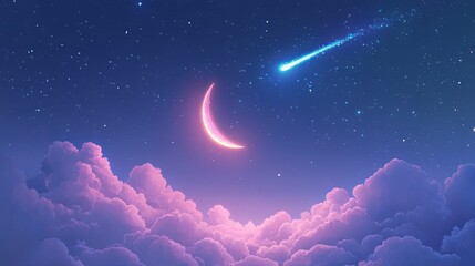 Pink Crescent Moon Night Sky With Shooting Star And Clouds