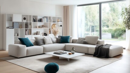 大きなL字型ソファと明るい自然光が差し込むモダンなリビングルーム | Modern Living Room with Large L-Shaped Sofa and Abundant Natural Light