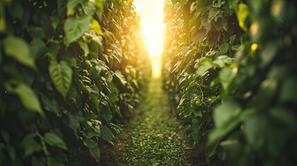 Fototapeta premium Serene Pathway Through Lush Green Fields at Sunset Glow