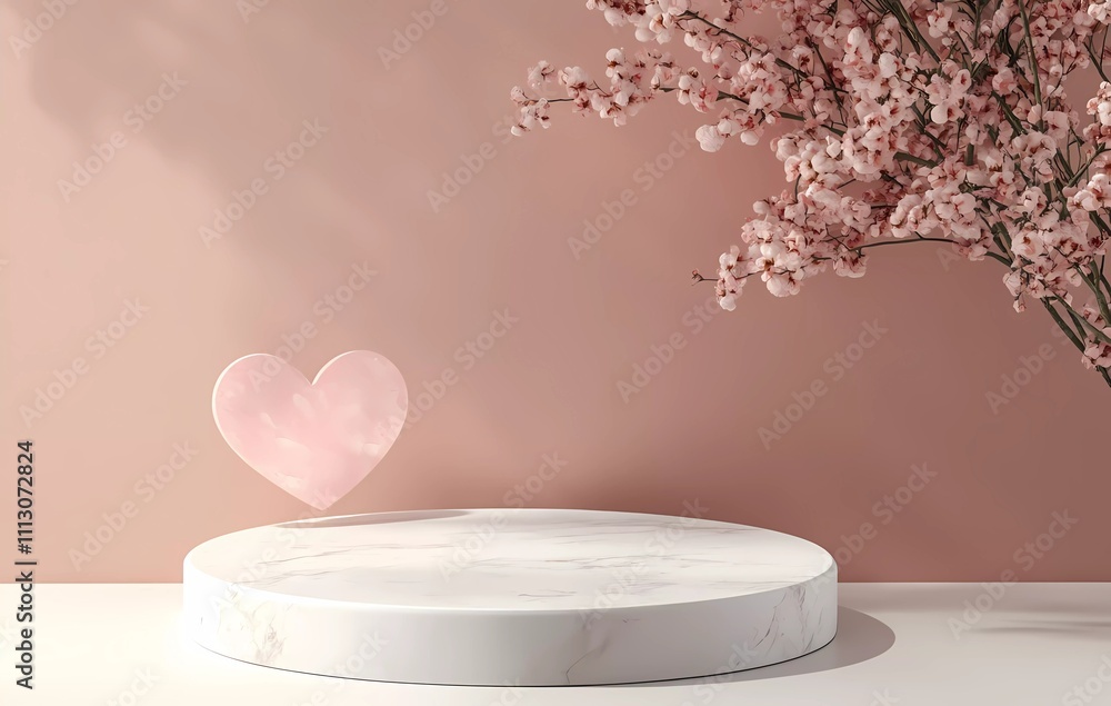 Poster 3D rendering of a Valentine's Day podium background with a pink heart shape and empty space for product presentation.