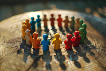 DEI, Diversity equity and inclusion concept. Wooden figures in different colors in the circle. Team work. High quality photo