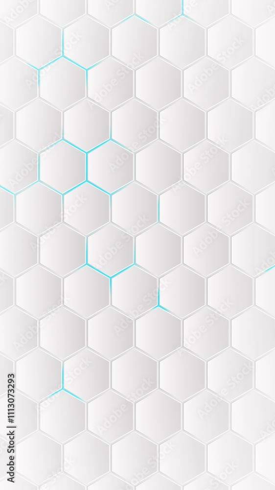 Poster abstract technological background white hexagons with blue glow. seamless loop