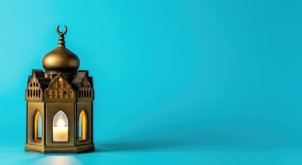 Fototapeta premium Small metal lantern with candle, blue background