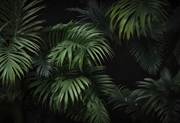 Close-up of tropical palm tree leaves against black background, botanical, jungle, nature