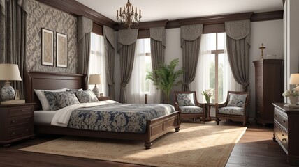 Colonial-style bedroom with dark wood furniture, patterned textiles, and elegant drapery, rendered in 3D.