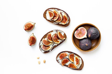 Fig sandwiches with cheese and honey for breakfast. Top view