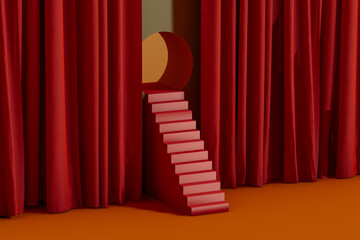 Minimalist stairs leading into a circular opening with red curtains