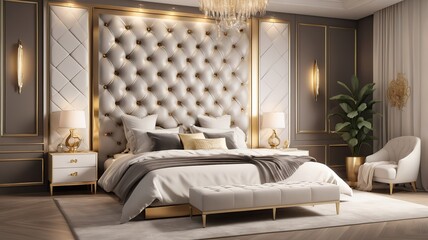 Modern luxury bedroom with a tufted headboard, gold accents, and ambient lighting, rendered in 3D.