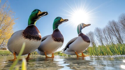 Fototapeta premium Three Male Ducks Walking in Shallow Water Under Bright Sunshine