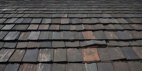 Old asphalt shingle room with weathered ridge cap, character, vintage, patina