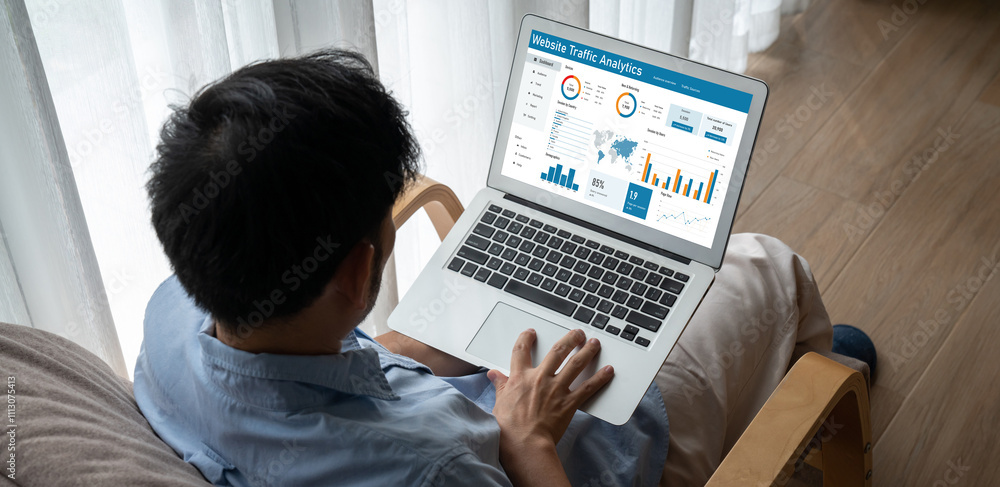 Poster computer software for website traffic analytics data on computer screen. concept of seo search engin