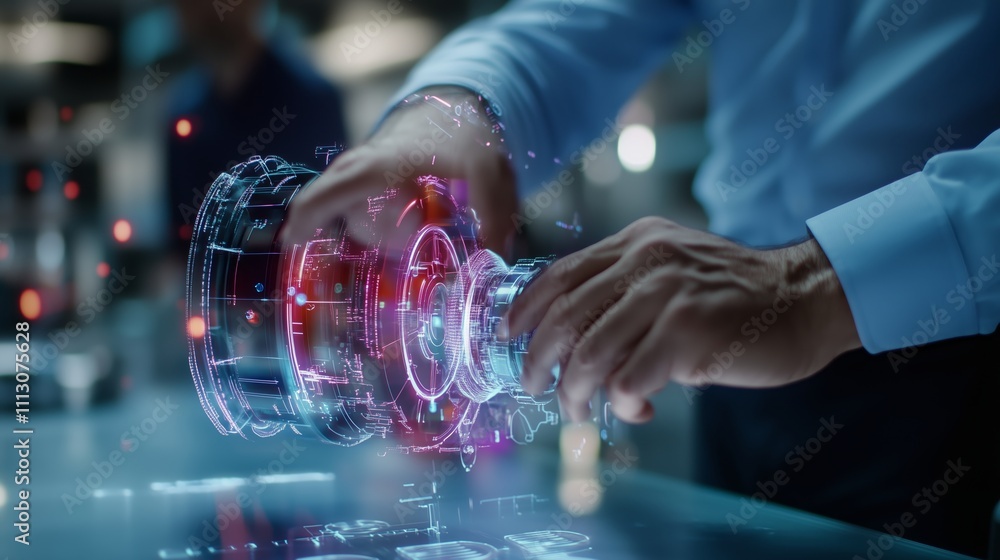 Poster hands assembling a futuristic mechanical component in a high-tech laboratory environment during dayl
