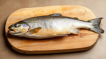 Raw trout fish on a wooden board on the kitchen table. Top view. 