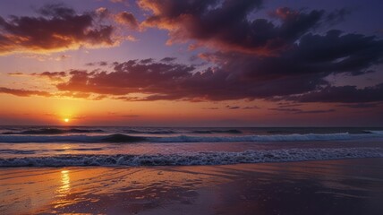 Vibrant sunset over ocean beach with colorful clouds reflected on wet sand.