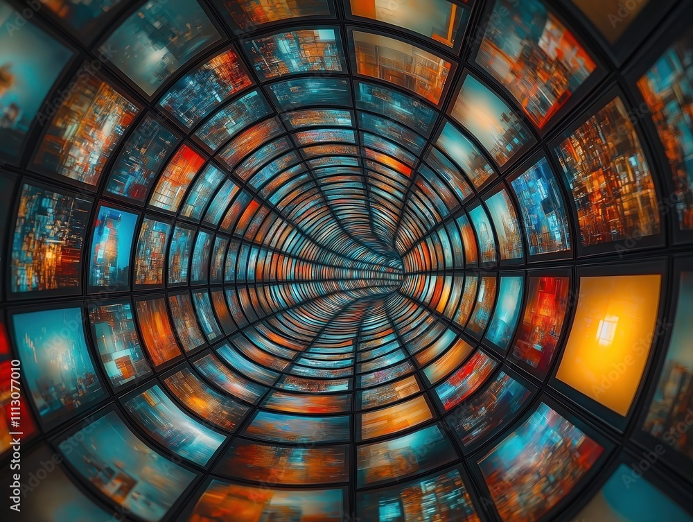 Poster abstract tunnel with screens showing different moving images. digital stream tunnel concept. visual 
