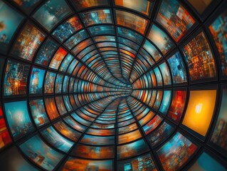 Abstract tunnel with screens showing different moving images. Digital stream tunnel concept. Visual metaphor for data flow, media stream. Screens with vibrant colors, dynamic images. Information