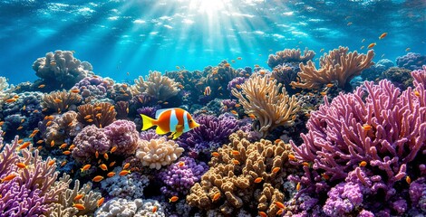 Vibrant Coral Reef Ecosystem with Colorful Fish Under Sunlit Waters