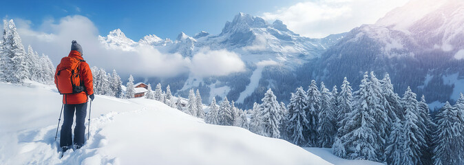 ski resort in the mountains. Winter traveling concept. For banner, design, sale, social media,