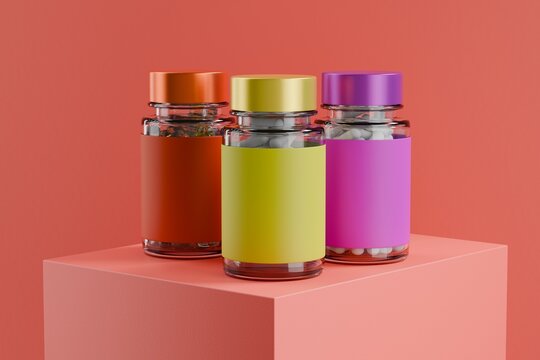 Supplement Bottle Filling with Pills on Pink Background