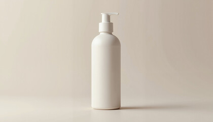 White pump bottle on beige background for cosmetic mockup